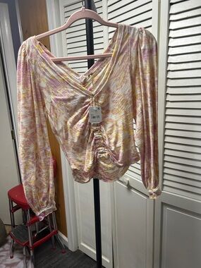 Free People Pastel Marbled Ruched V-Neck Blouse